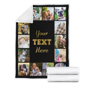 May include: A black and white photo collage blanket with a black background. The blanket features a variety of photos of people and animals, including a dog, a baby, and a family. The text "Your Text Here" is written in gold letters on the blanket.