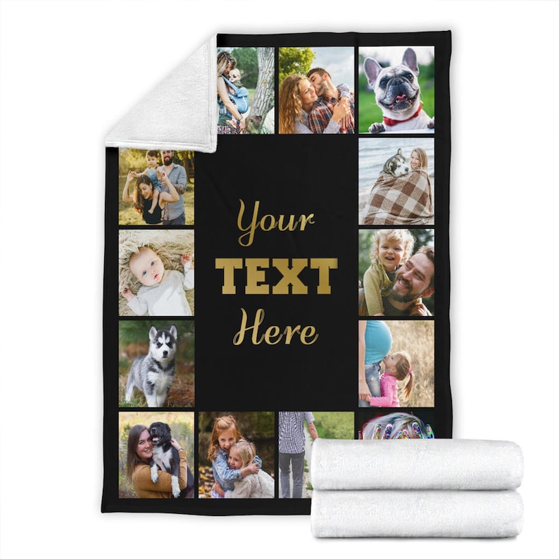 May include: A black and white photo collage blanket with a black background. The blanket features a variety of photos of people and animals, including a dog, a baby, and a family. The text "Your Text Here" is written in gold letters on the blanket.