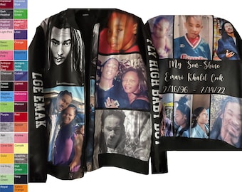 May include: A black bomber jacket with a collage of photos and the text "My Son-Shine Emari Khalil Cook 2/16/96 - 7/14/22" and "CLY HIGH BADI DO" printed on the front.