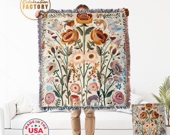 Floral Cottagecore Flowers Throw Blanket Tapestry And Card | Vintage Woven Rug Wall Hanging Sofa Bed Cover Decor - 100% Cotton Gift For Her