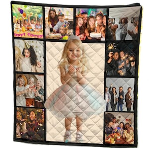 May include: A photo collage quilt featuring a variety of images, including a young girl in a white dress, a group of people celebrating a birthday, and a family gathering. The quilt is made of a soft, quilted fabric and is perfect for adding a personal touch to any room.