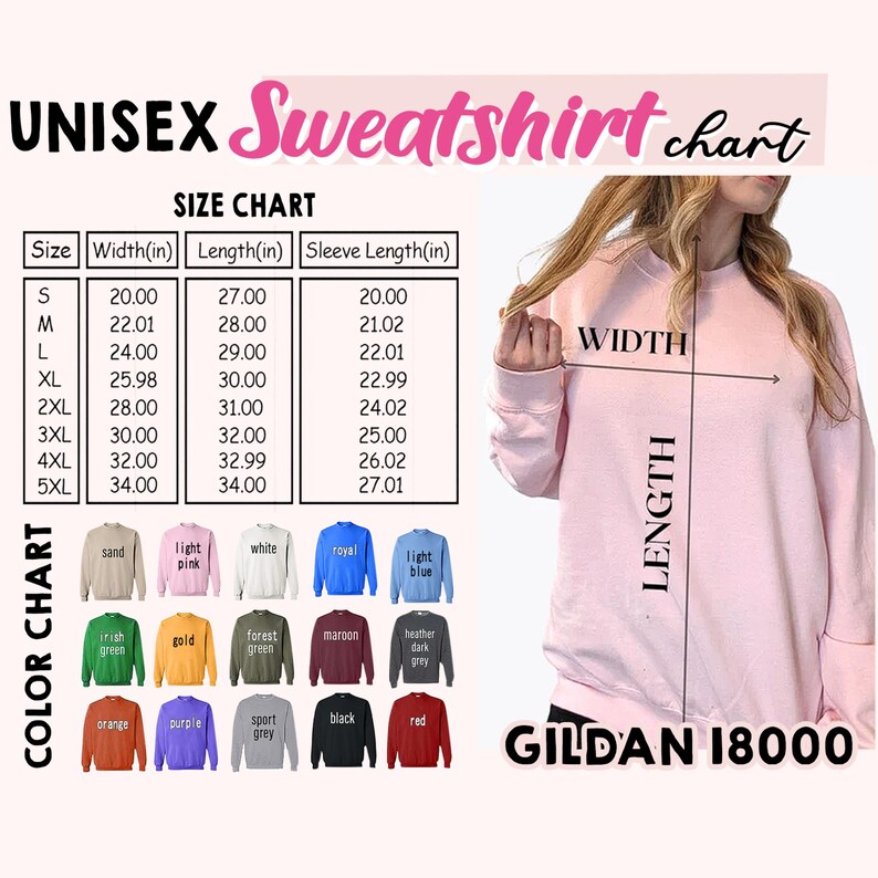 Op de afbeelding: Unisex sweatshirt maattabel met metingen in inches. De tabel toont de breedte, lengte en mouwlengte voor maten S tot en met 5XL. De tabel is omringd door kleurstalen van verschillende sweatshirtkleuren.