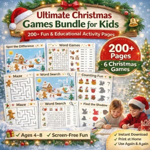 May include: A Christmas activity bundle for kids, featuring a variety of games like mazes, word searches, and counting activities. The bundle includes over 200 pages of fun and educational activities for ages 4-8.