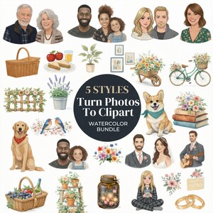 Könnte beinhalten: Aquarell-Clipart-Bundle mit verschiedenen Illustrationen, darunter Porträts, Picknick-Szenen, Haustiere und Blumenarrangements. Der Text lautet "5 Styles Turn Photos To Clipart Watercolor Bundle."