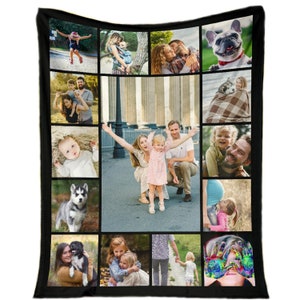 May include: A black and white photo collage blanket featuring a family with children and pets. The blanket is divided into 12 squares, each with a different photo. The photos show the family in various settings, including outdoors, indoors, and at the beach. The blanket is a great way to showcase your family photos and memories.