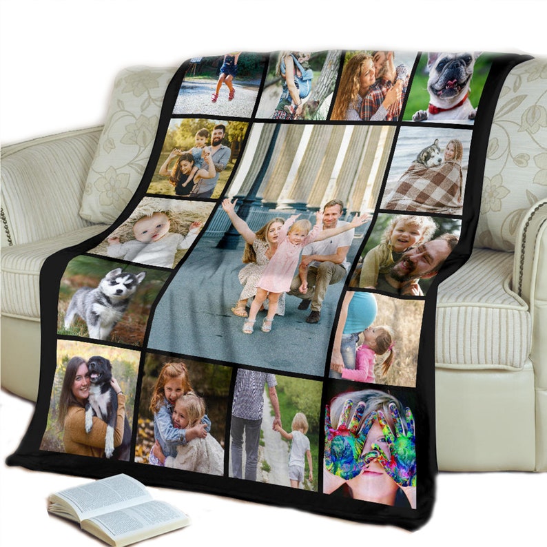 May include: A black fleece blanket with a collage of family photos printed on it. The photos show a variety of people, including children, adults, and pets. The blanket is perfect for cuddling up on the couch or adding a personal touch to your bedroom.