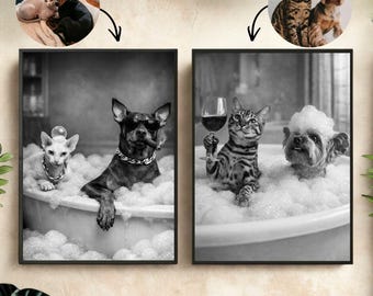 May include: Black and white framed wall art featuring two images. One shows a cat, dog, and a dog in a bathtub with bubbles. The other shows a cat, dog, and a dog in a bathtub with bubbles. The pets are wearing accessories.