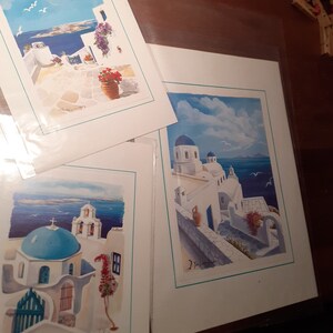 Postales de Santorini, pinturas de tarjetas de Santorini, hermosos paisajes griegos, papel de regalo gratis