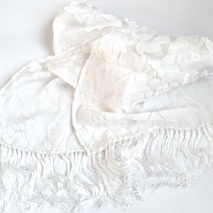 White Burnout Velvet Grapes, Scarf with Fringes, Opera Tuxedo scarf