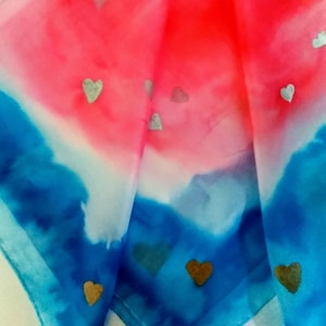 Hand-Painted Silk Neckerchief: Gold Silver Hearts Scarf (21.6&quot; x 21.6&quot;)
