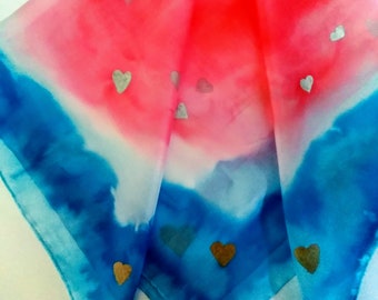 Silk neckerchief, Gold Silver Hearts scarf, hand-painted silk scarf, hair scarf, bandana, gift wrap free