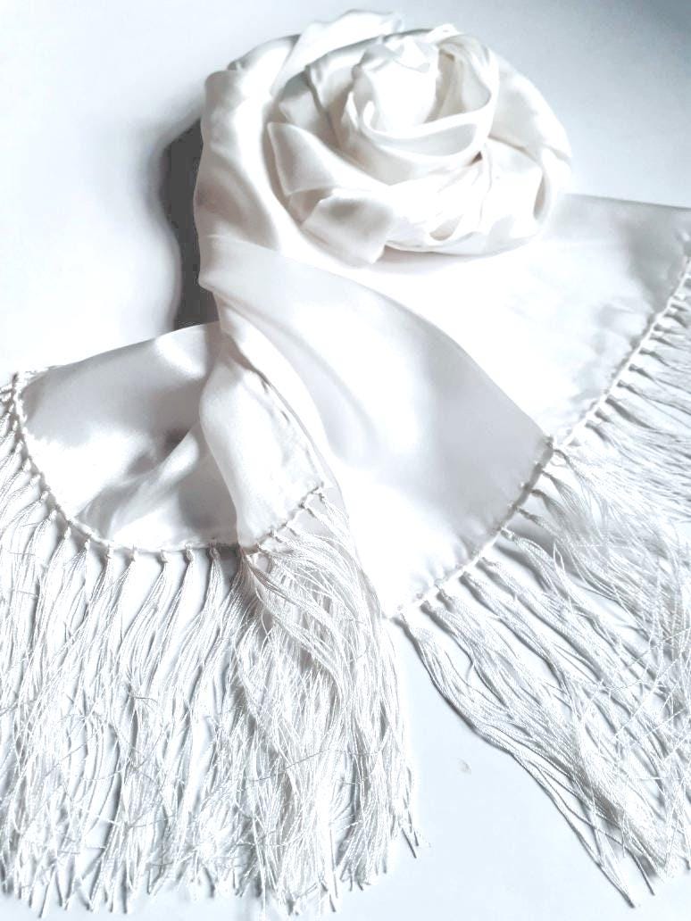 WHITE SILK SCARF Flat Crepe, Fringeless or With Fringe, Wedding