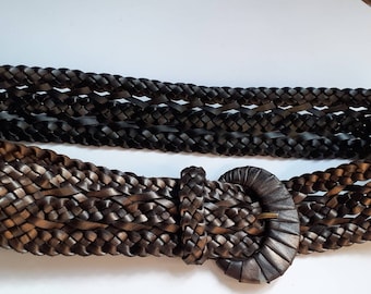Cinturón vintage de cuero trenzado, bicolor bronce/negro, ajustable