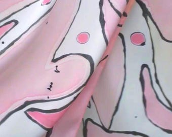 SATIN SILK scarf abstract, 70s style Pink Salmon headscarf, Valentines Day shawl, luxury gift Birthday woman, free gift wrap