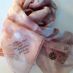 Hand-Painted Silk Scarf: Aesop Greek Quote, Golden Bronze Design