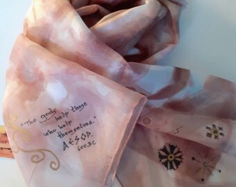 Aesop Greek scarf, natural silk scarf, hand-painted golden bronze design, Greek wisdom quote, gift wrap free, silk gift