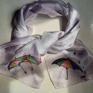 Happy Umbrellas scarf, Hand-painted PURE SILK scarf, Hair scarf, light lavender scarf man or woman, gift wrap free
