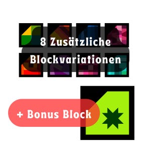 Könnte beinhalten: Ein Satz von acht bunten geometrischen Blockvariationen mit dem Text "8 Zusätzliche Blockvariationen" und einem Bonusblock mit einem grünen Stern auf gelbem Hintergrund.