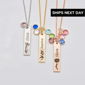 Custom Birth Flower Necklace with Birthstone - Personalized Name Jewelry, EFN-26