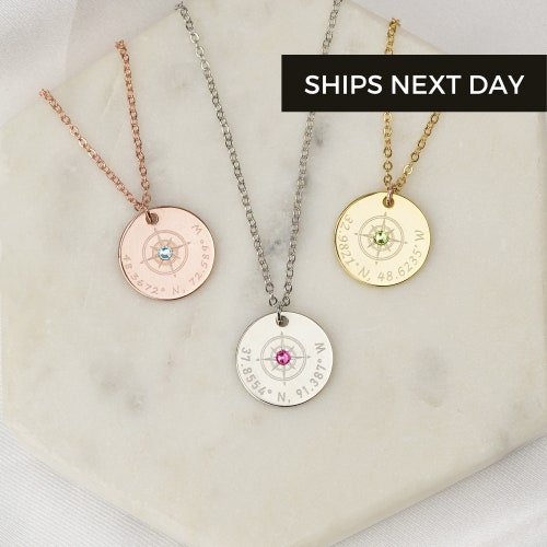 Personalized Compass Necklace Travel Necklace Birthstone Etsy