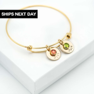 Custom Birthstone Bangle Bracelet: Personalized Name Charm, Mom Gift, EFB-01