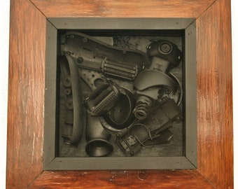 THE SHAVER: Abstract Shadow Box Collage Sculpture created from repurposed material.