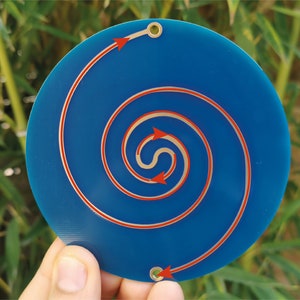May include: A blue circular disc with a copper-colored spiral design. Red arrows indicate the direction of the spiral.