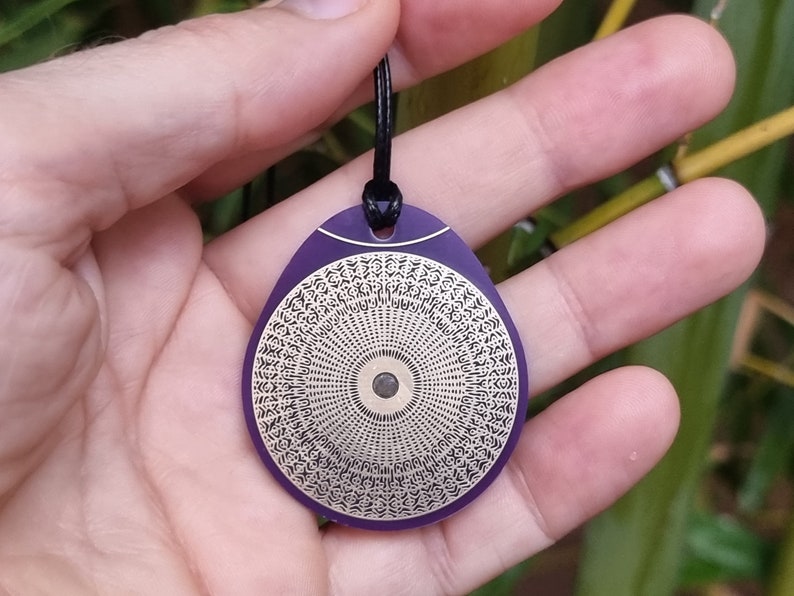 Cymatic OM pendant 528 Hz purple, sacred frequencies, Tesla antenna, vital field increase gold copper beeswax image 4