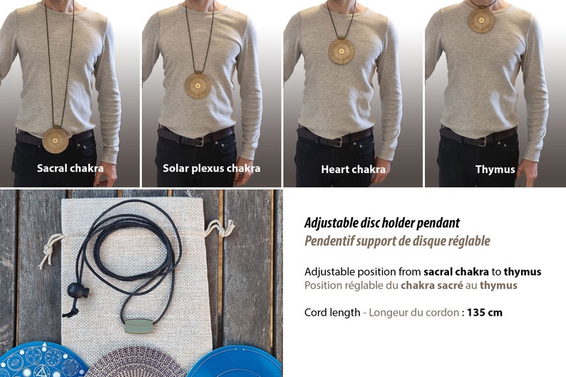 May include: Adjustable disc holder pendant with a black cord. The pendant can be adjusted to different positions on the body, from the sacral chakra to the thymus. The cord is 135 cm long.