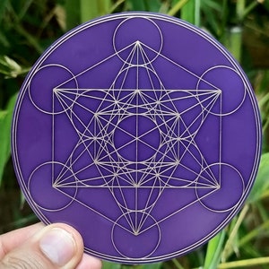 以下が含まれることがあります： 花びらのような形をした幾何学模様が描かれた、紫色の丸いステッカー。これは、神聖幾何学のシンボルである生命の花として知られています。