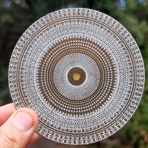 以下が含まれることがあります： 複雑な白い同心円模様が施された、円形のブロンズ色の物体。デザインは、詳細な点線が並んだ複数のリングに囲まれた、中央の黄色の円が特徴です。ぼやけた緑色の背景を背景に、人の手で物体が保持されています。