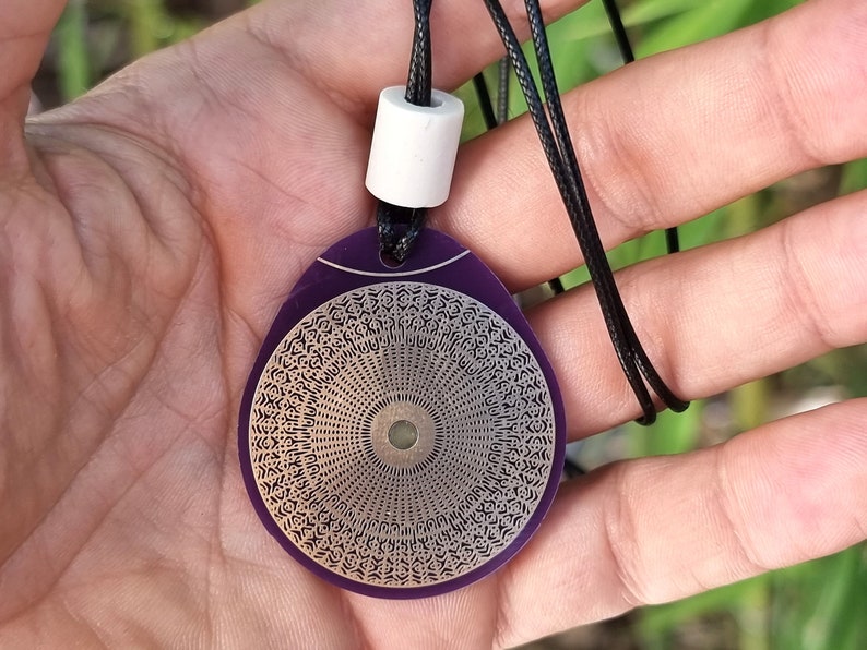 Cymatic OM pendant 528 Hz purple, sacred frequencies, Tesla antenna, vital field increase gold copper beeswax image 6