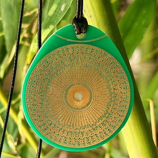 Cymatic OM pendant 528 Hz green, sacred frequencies, Tesla antenna, vital field increase - gold copper beeswax