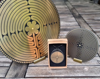 Pack Labyrinthe de Chartres: discs 20 cm, 10 cm, pendant with supports. Rebalancing, calming the mind, gold/copper, beeswax