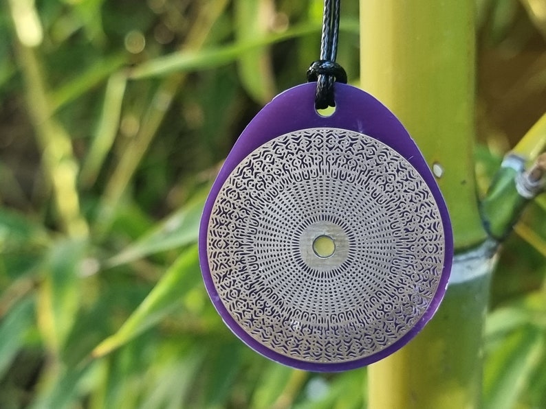 Cymatic OM pendant 528 Hz purple, sacred frequencies, Tesla antenna, vital field increase gold copper beeswax image 2