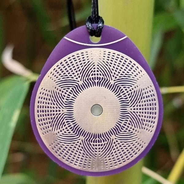 Cymatic pendant 963 Hz purple, sacred frequencies, self/spirit control, Tesla gold copper beeswax antenna