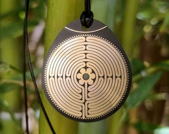 2-sided Chartres labyrinth pendant, gold/copper beeswax, rebalances and soothes