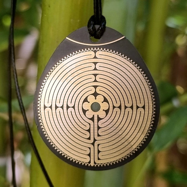 2-sided Chartres labyrinth pendant, gold/copper beeswax, rebalances and soothes