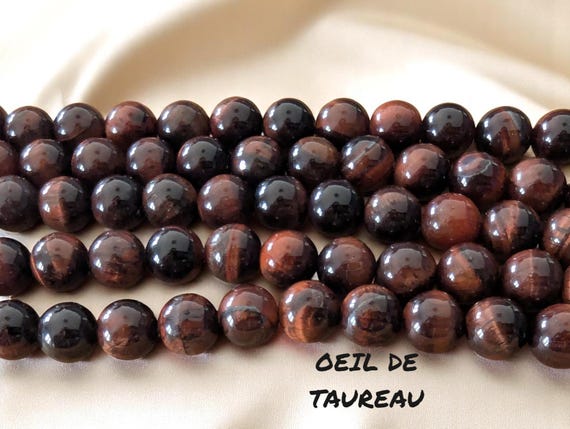 2 Perles En Pierre Oeil De Taureau/Tigre 12mm Rouge Marron - Neuf, Fait Main En France
