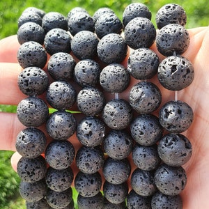 Fil De Perles En Lave Noire - 65 Perles Boules 6mm, Longueur Environ 39cm, Création Homemade