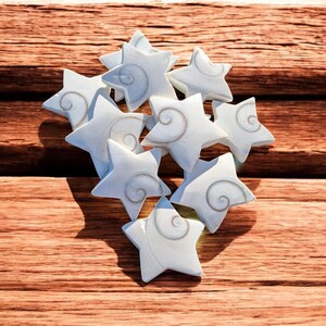 Peut inclure: Un groupe d'objets décoratifs en forme d'étoile blanche avec un motif en spirale sur une surface en bois.