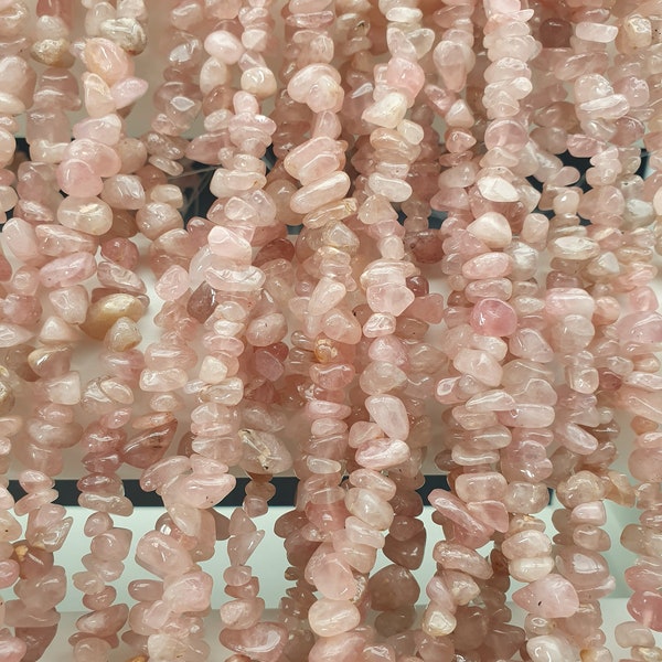 quartz rose chips percés fil 80cm pierres naturelles