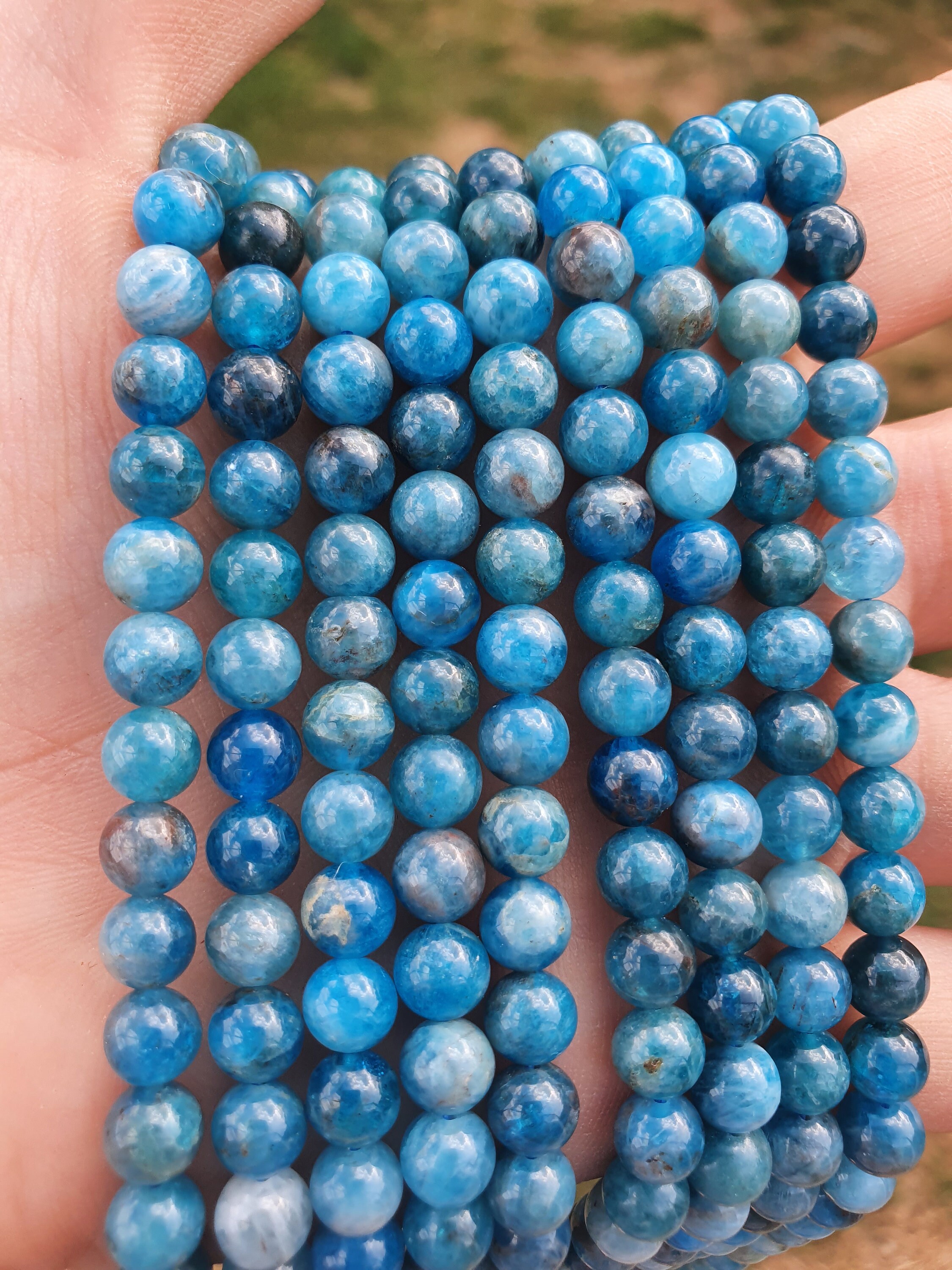 10 Perles Boules Apatite 6mm Bleu-vert Paon - Mat Sablé Givré - Pour Création Bijoux - Neuf
