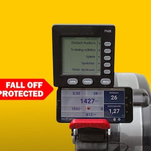 May include: A black and gray rowing machine with a digital display showing the words "Einfach Rudern", "Training wählen", "Spiele", "Speicher", and "Mehr Optionen". The display also shows the time 5:32, the distance 28m, the calories burned 612, and the heart rate 0. The machine also has a phone holder with a phone displaying the distance 1842m, the time 5:32, the calories burned 1427, and the strokes per minute 26.