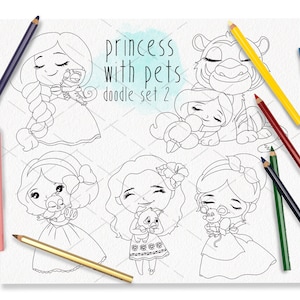 Coloring Page Printable instant download PNG files 300 dpi Princess with pets doodle clipart set3