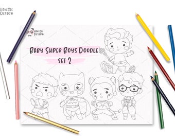Baby Super boys doodle clipart set 2 Instant Download PNG file - 300 dpi