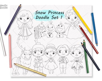 Cute Snow princess doodle clipart set 1 , Coloring Page Printable instant download PNG files - 300 dpi