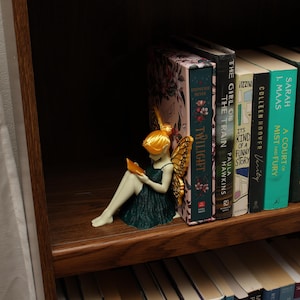 May include: A fairy figurine with golden wings and hair, wearing a dark green dress, reading a book. The figurine sits on a wooden shelf beside a row of books with colourful spines, including "Twilight" and "The Guest List".