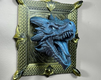 Dragon Head Wall Mount Picture l Framed Mythical Fantasy Wall Decor Art | Unique 3D Printed Gift for Dragon and Wyvern Lovers and Fans