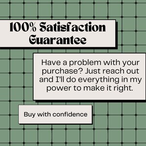May include: A green grid background with white boxes containing text. The text states "100% Satisfaction Guarantee", "Have a problem with your purchase? Just reach out and I'll do everything in my power to make it right.", and "Buy with confidence."